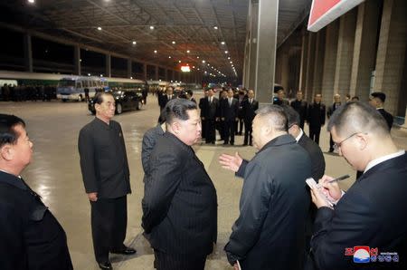 North Korean leader Kim Jong Un visits the Pyongyang Railway Station to see off a special purpose train carrying the bodies of Chinese victims who were killed or wounded in a traffic accident, in this undated photo released on April 26, 2018 by North Korea's Korean Central News Agency (KCNA). KCNA/via Reuters