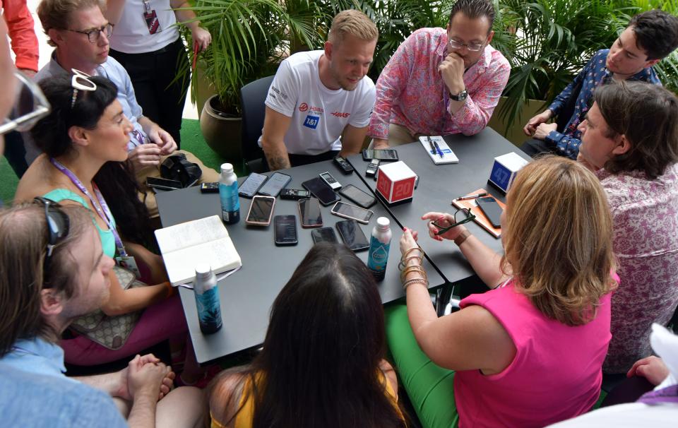 Driver Kevin Magnussen of the Haas F1 Team talks with the media at the Miami Grand Prix on Thursday.