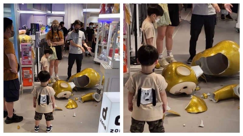 香港男童碰倒要價台幣20萬的公仔，導致「天線寶寶LaLa」倒地斷裂。（圖／翻攝自爆廢公社）