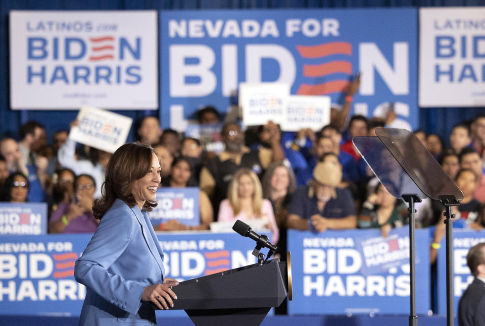 FILE - Vice President Kamala Harris speaks during a post debate campaign rally, June 28, 2024, in Las Vegas. (AP Photo/Ronda Churchill, File)