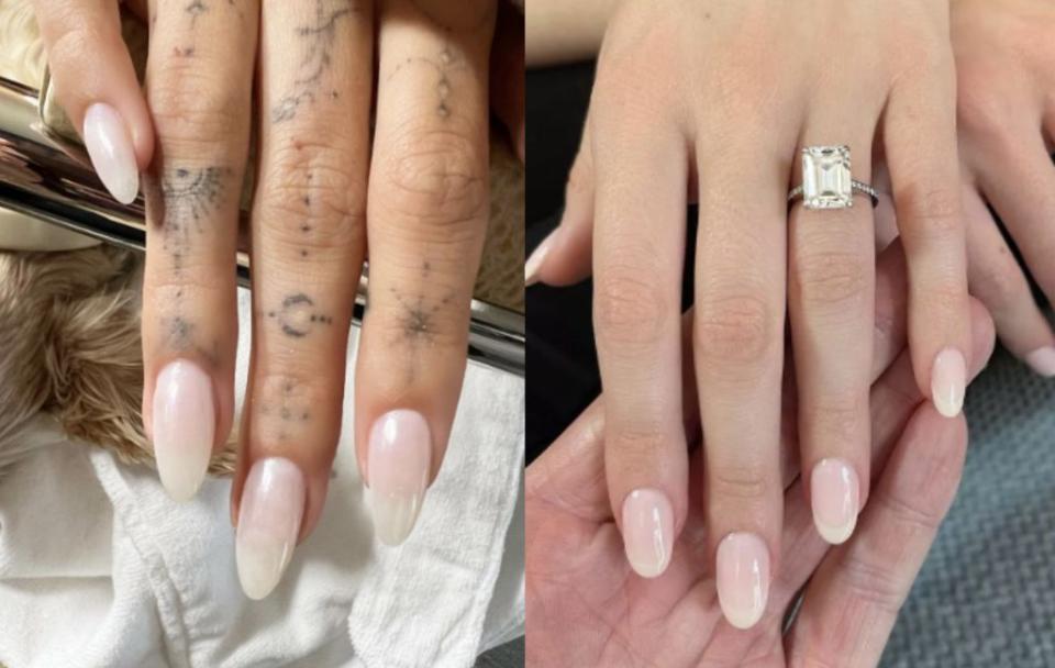 <em>Left: Hailey Bieber with “glazed donut” nails (Credit: <a href="https://www.instagram.com/p/CdFBpehrPsT/?hl=en" rel="nofollow noopener" target="_blank" data-ylk="slk:Zola Ganzorigt / Instagram;elm:context_link;itc:0;sec:content-canvas" class="link ">Zola Ganzorigt / Instagram</a>). Right: Nicola Peltz Beckham with “milky” nails (Credit: <a href="https://www.instagram.com/p/Ccx6PHzriNh/" rel="nofollow noopener" target="_blank" data-ylk="slk:Tom Bachik / Instagram;elm:context_link;itc:0;sec:content-canvas" class="link ">Tom Bachik / Instagram</a>).</em>