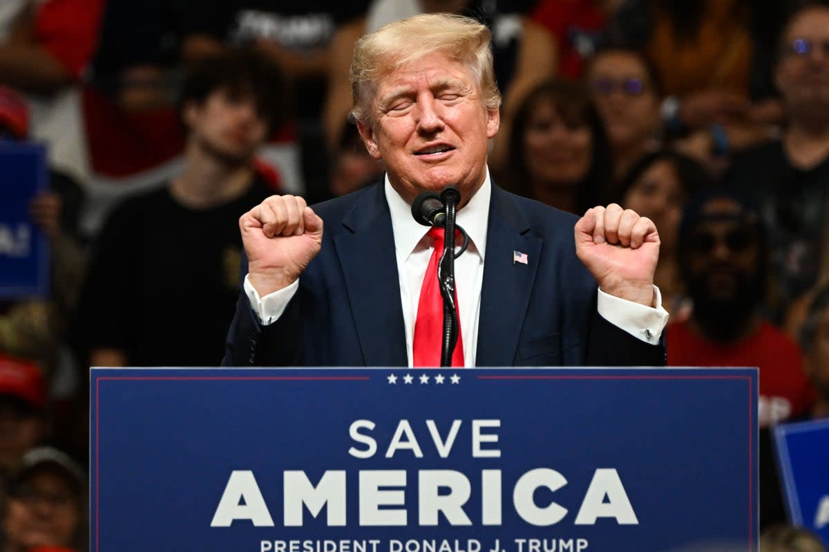 Donald Trump speaks during a rally in Anchorage, Alaska, on 9 July  (AFP via Getty Images)