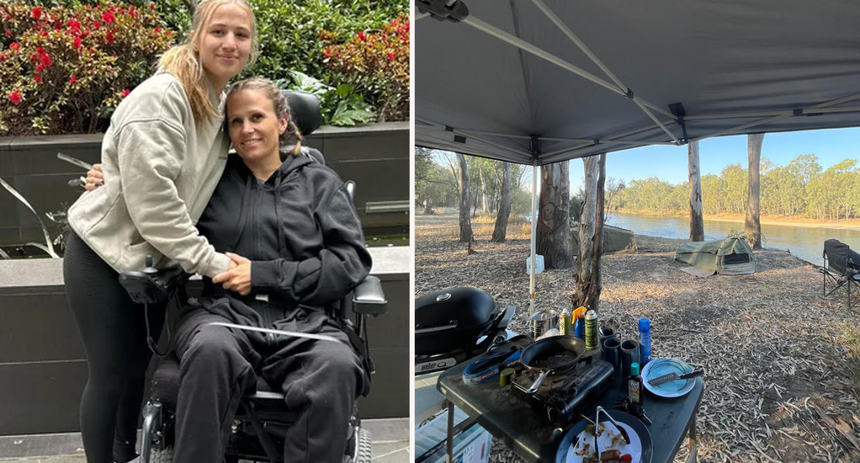 Left: Melbourne mum Leanne Cattanach in wheelchair with daughter. Right: Camping spot on the Murry River in Tocumwal