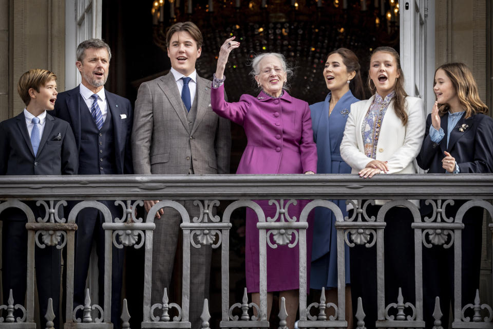 FILE - From left, Prince Vincent, Crown Prince Frederik, Prince Christian, Denmarks' Queen Margrethe, Crown Princess Mary, Princess Isabella and Princess Josephine Prince attend Christian's 18th birthday, at Frederik VIII's Palace, Amalienborg Castle, in Copenhagen, Oct. 15, 2023. The 55-year-old takes over the crown on Sunday, Jan. 14, 2024 from his mother, Queen Margrethe II, who is breaking with centuries of Danish royal tradition and retiring after a 52-year reign. (Mads Claus Rasmussen/Ritzau Scanpix via AP, File)