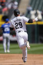 Chicago White Sox's Paul DeJong runs the bases after hitting a home run during the second inning in the first baseball game of a doubleheader against the Kansas City Royals, Wednesday, April 17, 2024, in Chicago. (AP Photo/Erin Hooley)