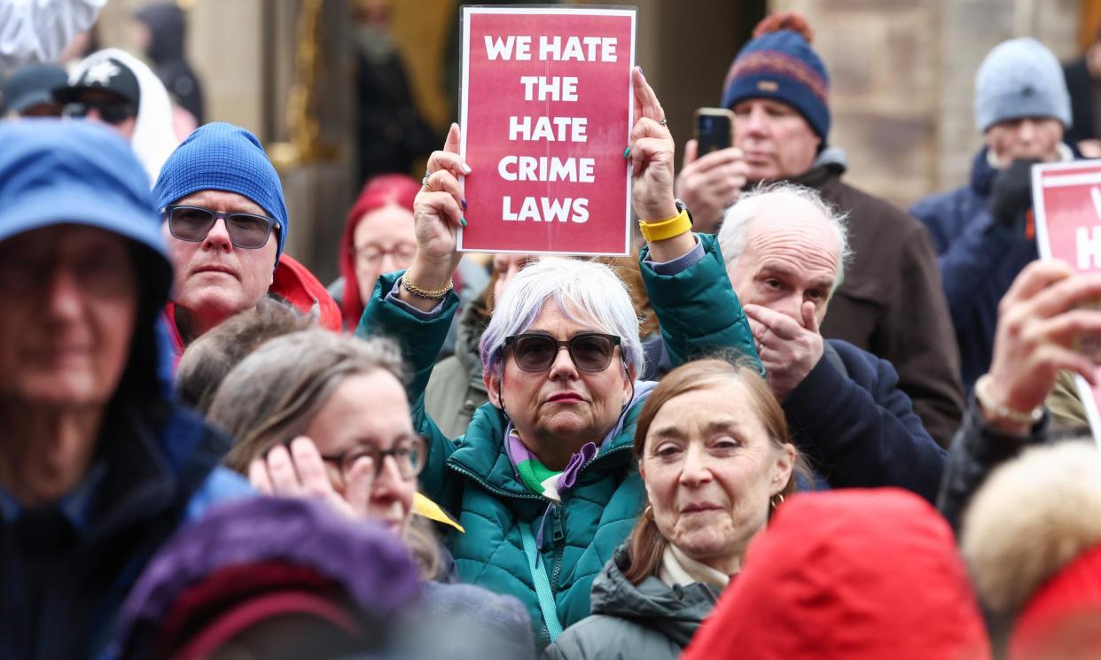 <span>Protesters rally outside Holyrood against the SNP's hate crime bill, which came into force on Monday.</span><span>Photograph: Jeff J Mitchell/Getty Images</span>