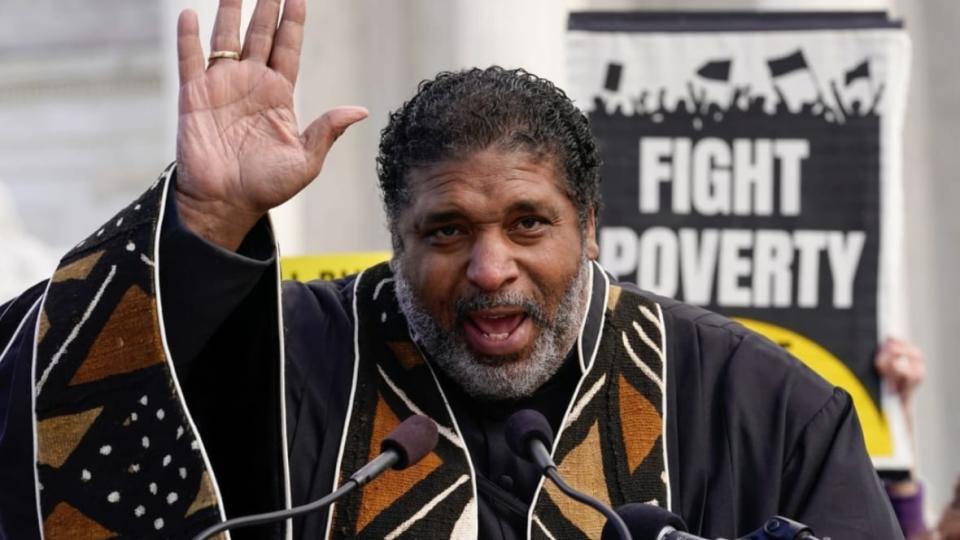 The Rev. William Barber speaks in November 2021 during a demonstration at the U.S. Supreme Court. This week, Barber and others returned to Washington for three days of activities spotlighting poverty. (Photo: Jemal Countess/Getty Images for MoveOn)