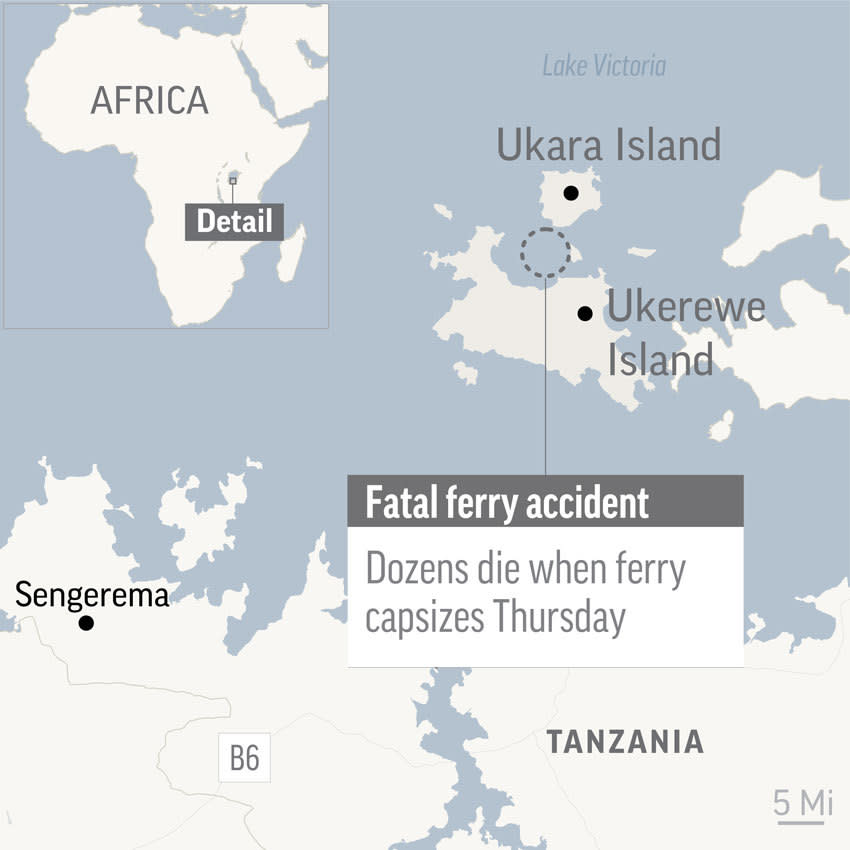 Graphic shows approximate location of ferry accident in Lake Victoria; 1c x 2 inches; 46.5 mm x 50 mm;