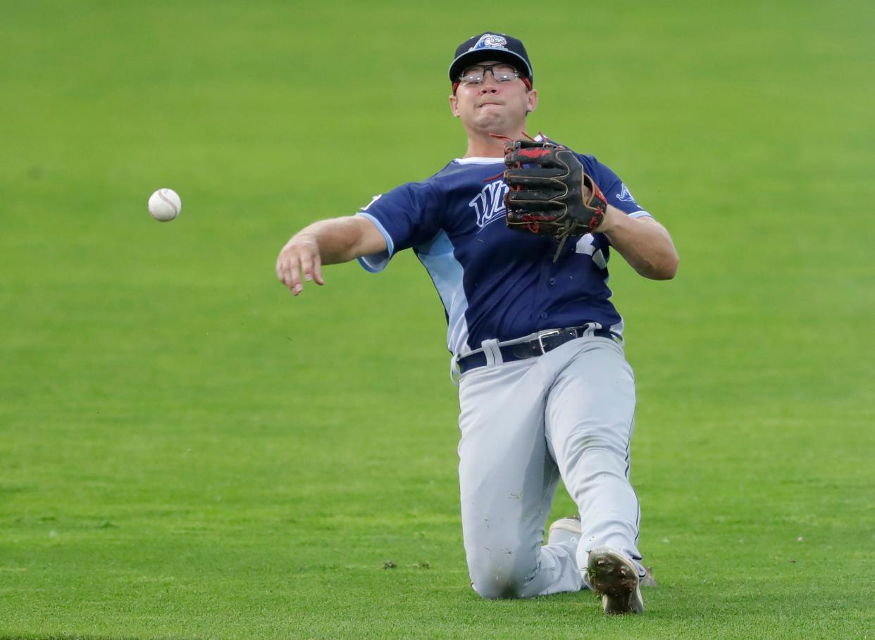 West Michigan Whitecaps' Max Anderson (22) throws to first base against the Wisconsin Timber Rattlers Tuesday, July 9, 2024, at Neuroscience Group Field at Fox Cities Stadium in Grand Chute, Wisconsin. The Timber Rattlers won 4-0.