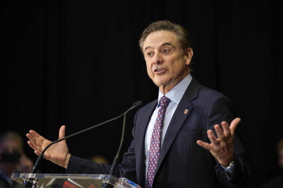 Rick Pitino speaks after being introduced as St. John's new men's NCAA college basketball head coach at Madison Square Garden in New York, Tuesday, March 21, 2023. (AP Photo/Corey Sipkin)