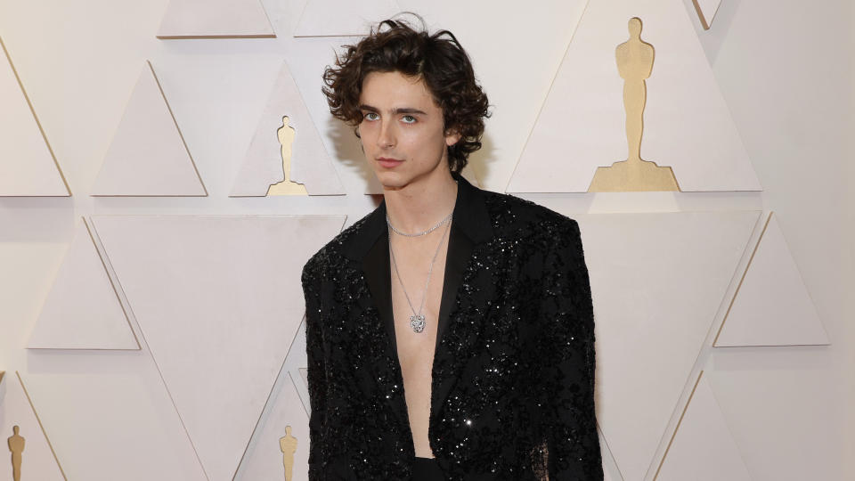 Timothée Chalamet's shirtless look was the talk of the Oscars red carpet. (Getty)