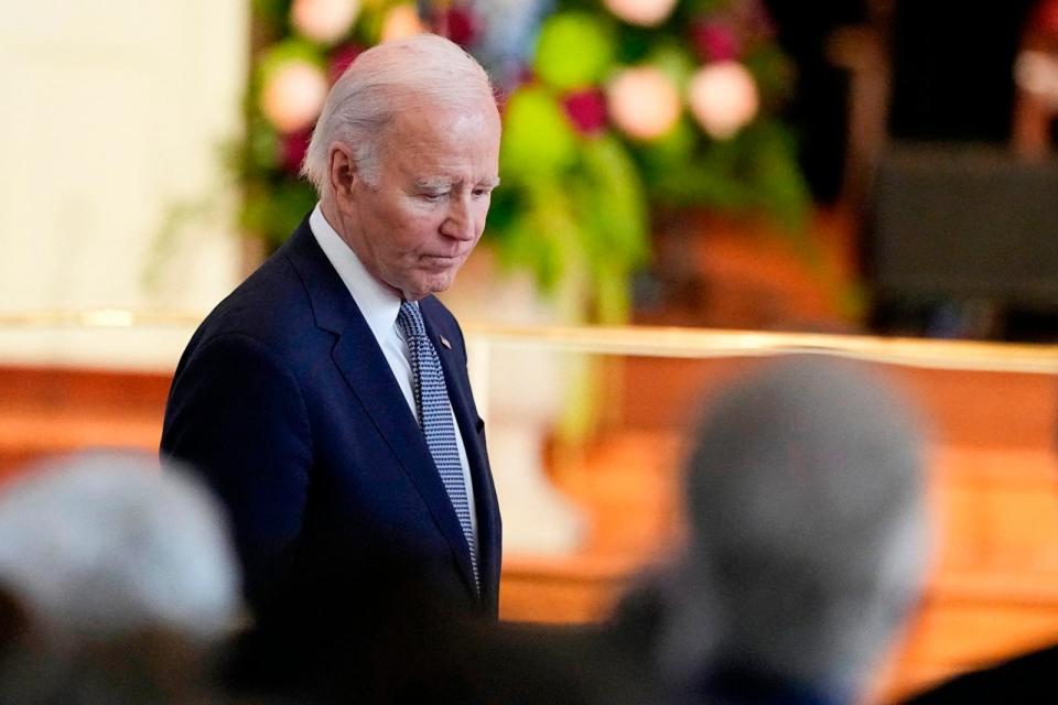 PHOTO: U.S. President Joe Biden arrives for a tribute service for former first lady Rosalynn Carter at Glenn Memorial Church at Emory University, Nov. 28, 2023, in Atlanta. (Brynn Anderson/Pool/AFP via Getty Images)