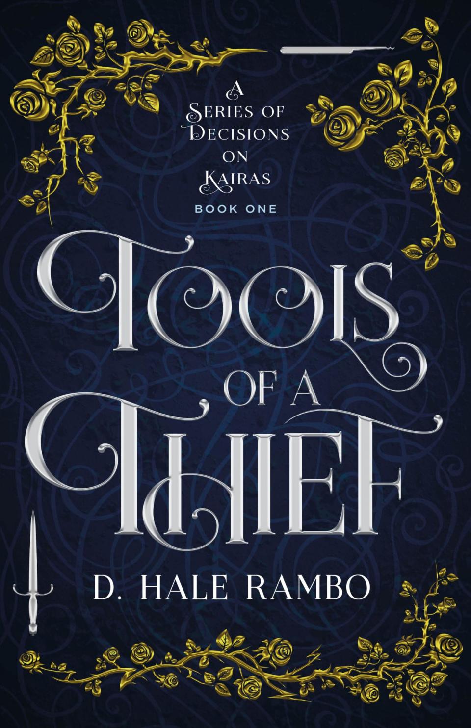 The cover of Tools of a Thief book with gilded leaves on a blue background