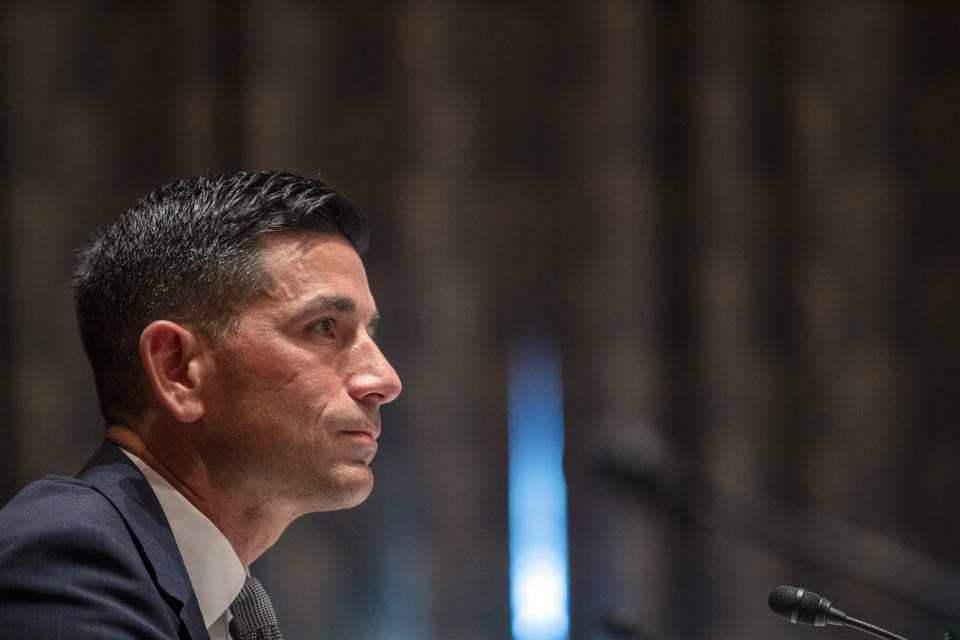 Acting Secretary of Homeland Security Chad Wolf testifies before the Senate Homeland Security and Governmental Affairs committee during his confirmation hearing, Wednesday, Sept. 23, 2020 on Captiol Hill in Washington. (Shawn Thew/Pool via AP)