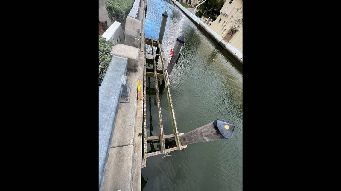 City workers removed the plastic deck of the boat dock on Dade Boulevard on Tuesday, Dec. 19, 2023, leaving the wooden frame attached to several pylons. Courtesy of Carlos Leon