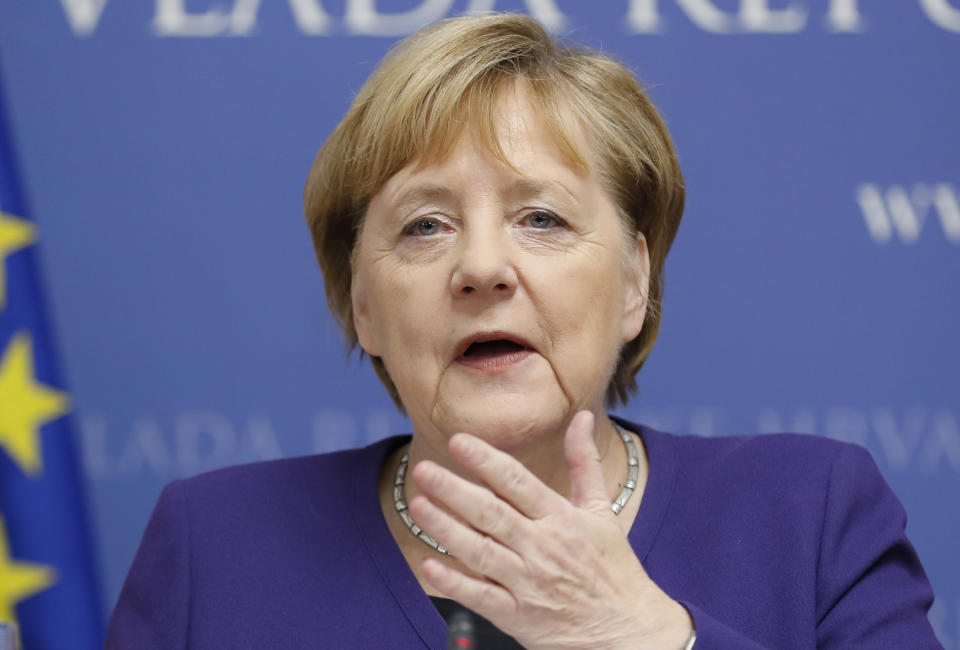 German Chancellor Angela Merkel gestures during a joint press conference with Croatia's prime minister Andrej Plenkovic in Zagreb, Croatia, Wednesday, Nov. 20, 2019. Merkel attends the European Peoples Party (EPP) congress in the Croatian capital.(AP Photo/Darko Bandic)