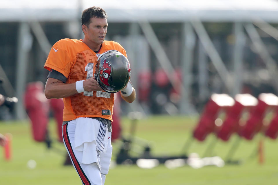 TAMPA, FL - AUG 23: The Buccaneers Tom Brady (12) walks across the field during the Tampa Bay Buccaneers Training Camp on August 23, 2020 at the AdventHealth Training Center in Tampa, Florida. (Photo by Cliff Welch/Icon Sportswire via Getty Images)