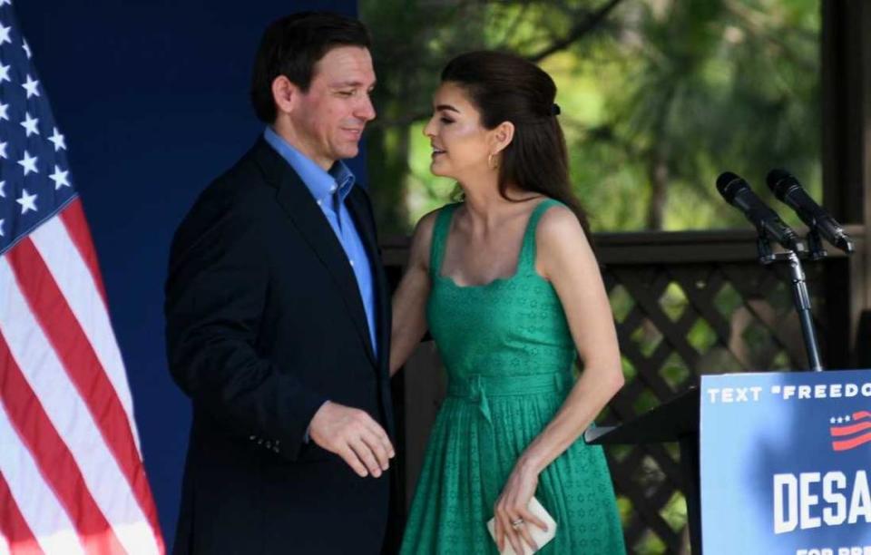 After giving his wife Casey DeSantis a peck on the cheek, republican presidential candidate Ron DeSantis retakes the microphone on Friday, June 2, 2023 during his ‘Great American Comeback’ tour at Okatie Ale House in Bluffton.