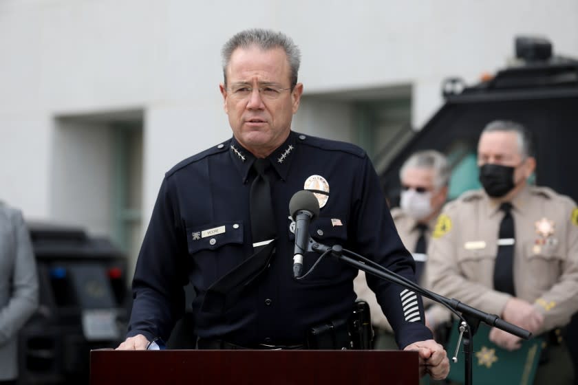 LOS ANGELES, CA - JANUARY 19: Los Angeles Police Department (LAPD) Chief Michel Moore at a news conference to discuss public safety preparedness for potential responses to the presidential inauguration, held at the Hall of Justice on Tuesday, Jan. 19, 2021 in Los Angeles, CA. Los Angeles County Sheriff Alex Villanueva, Mayor Eric Garcetti, LAPD Chief Michel Moore and Kristi Johnson, assistant director in charge for the FBI's L.A. office participated and spoke at the press conference. (Gary Coronado / Los Angeles Times)