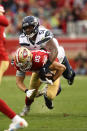 <p>George Kittle #85 of the San Francisco 49ers is tackled by Barkevious Mingo #51 of the Seattle Seahawks after a catch during their NFL game at Levi’s Stadium on December 16, 2018 in Santa Clara, California. (Photo by Ezra Shaw/Getty Images) </p>
