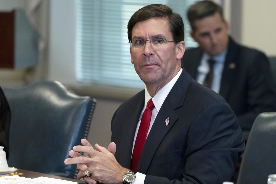 FILE - In this Sept. 22, 2020, file photoSecretary of Defense Mark Esper speaks before a meeting with Israeli Defense Minister Benny Gantz, at the Pentagon in Washington. President Donald Trump has fired Esper. (AP Photo/Alex Brandon, File)