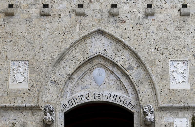 FILE PHOTO: The entrance of the Monte dei Paschi bank headquarters is seen in Siena