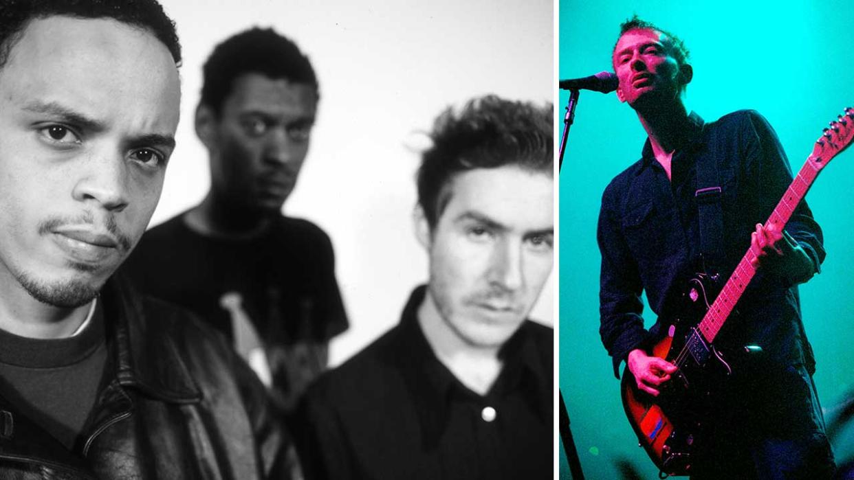  Massive Attack, London , United Kingdom, 1998 next to Singer-guitarist Thom Yorke of the band Radiohead performs at a concert March 28, 1998 