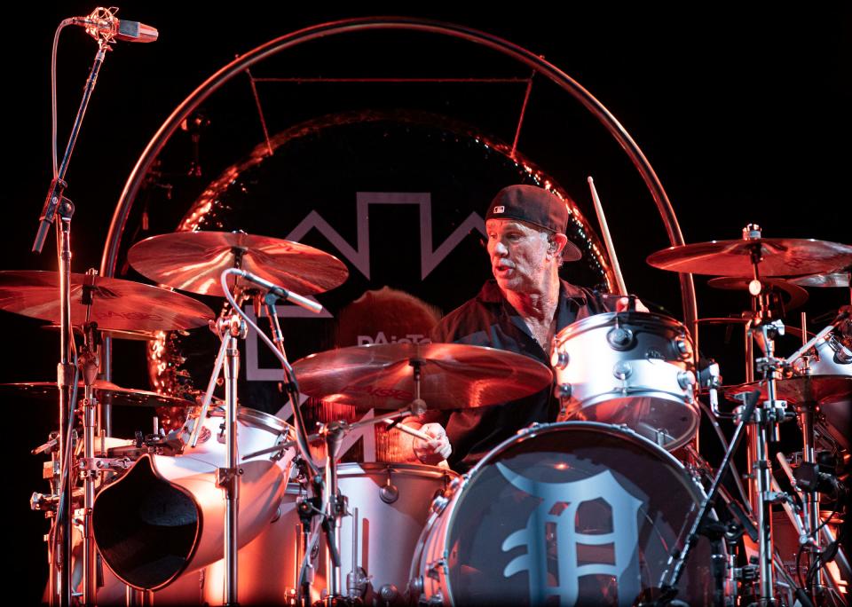 Red Hot Chili Peppers drummer Chad Smith performs with the band at Comerica Park in Detroit on Sunday, Aug. 14, 2022.