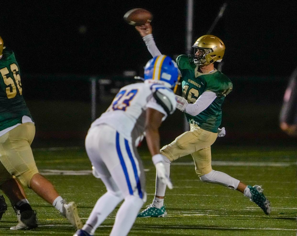 Hendricken quarterback Dylan Lynch, who threw for two touchdowns, gets off a pass in second-half action against Kellenberg High on Friday night.