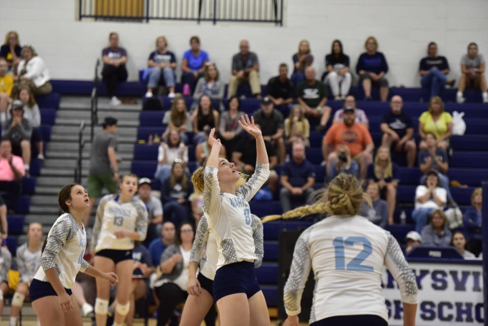 Marysville's Meghan Winston sets during a game earlier this season. She finished with 17 assists, 12 digs, three kills and one ace in the Vikings' 3-0 loss to North Branch in a Division 2 regional semifinal on Tuesday.