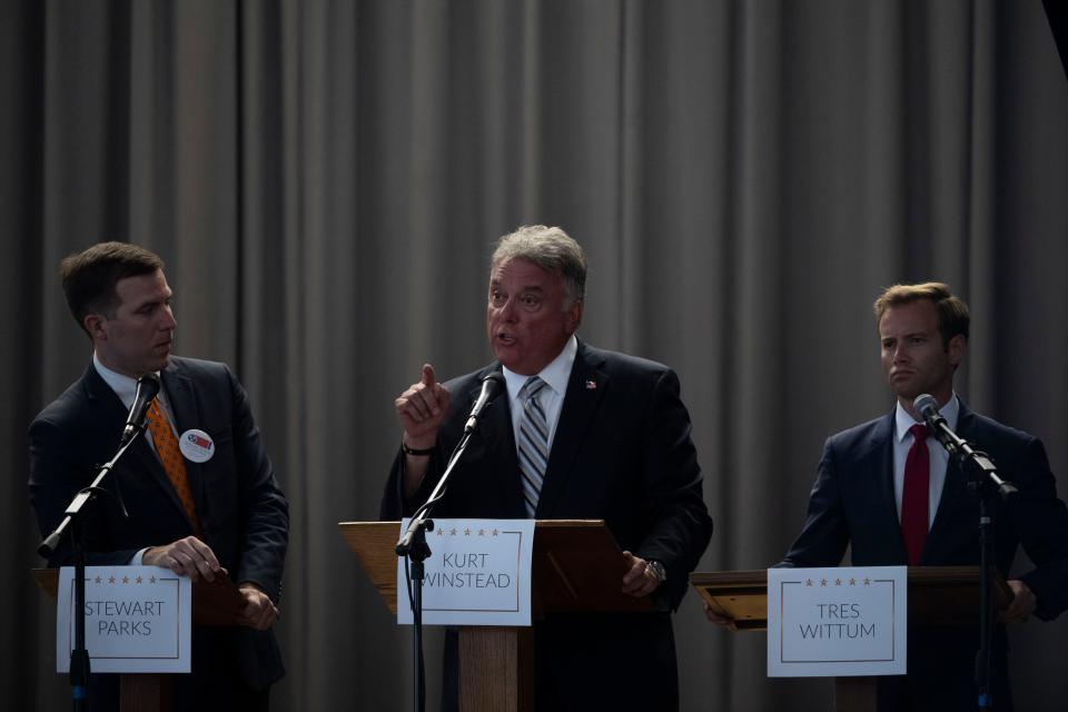 Kurt Winstead answers questions during a debate between the Republican congressional candidates for 5th district at the Memorial Building in Columbia, Tenn., Monday, June 27, 2022.