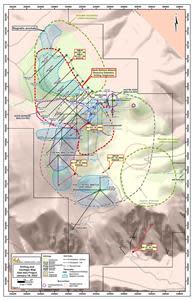 Geology of the Iska Iska Caldera Complex showing locations of Major Breccia Pipe targets, the Santa Barbara Resource Definition Target Zone and diamond drill holes completed and planned.