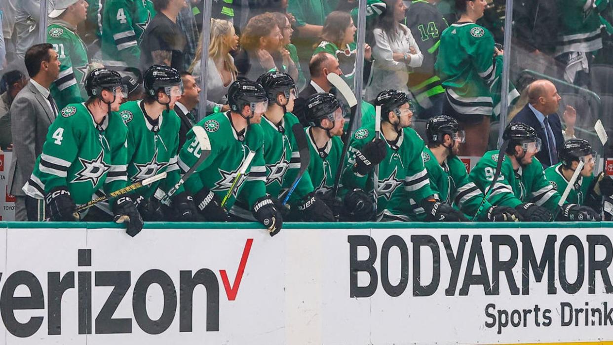 <div>DALLAS, TX - MAY 07: The Dallas Stars players watch the action in overtime during game one of the Western Conference Round two playoffs between the Dallas Stars and the Colorado Avalanche on May 7, 2024 at American Airlines Center in Dallas, Texas. (Photo by Matthew Pearce/Icon Sportswire via Getty Images)</div>