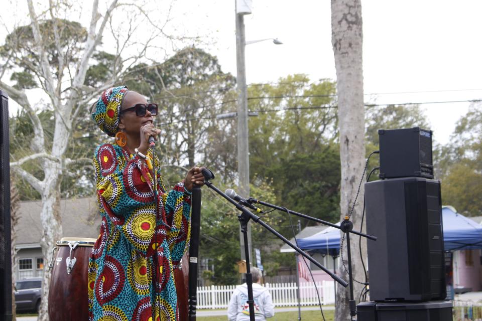 Julia Pearce, found of Tybee MLK Human Rights Organization, speaks in front of the Lazaretto Day crowd