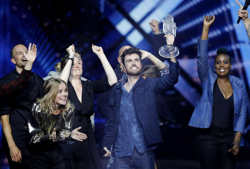 Duncan Laurence of the Netherlands celebrates after winning the 2019 Eurovision Song Contest grand final in Tel Aviv, Israel, Saturday, May 18, 2019. (AP Photo/Sebastian Scheiner)