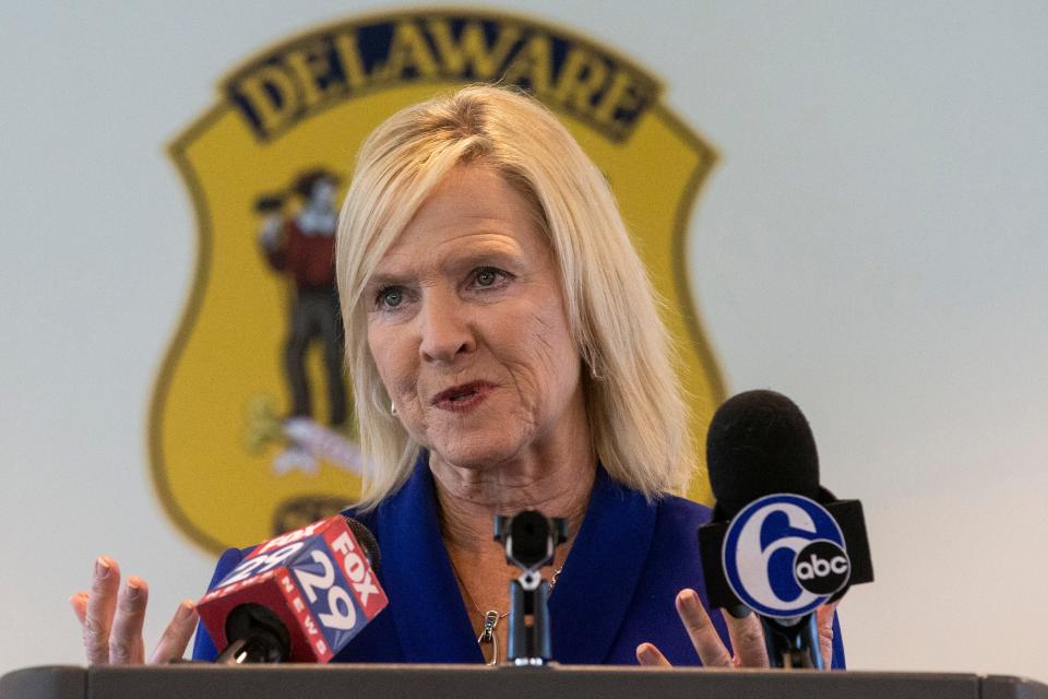 Lt. Gov. Bethany Hall-Long speaks at a Delaware drug overdose community briefing and response meeting at Delaware State Police Troop 2 in Glasgow on Wednesday, Jan. 18, 2023.