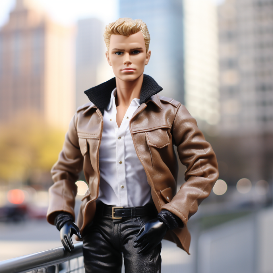 Blonde Ken with leather jacket, shirt, leather pants, and gloves