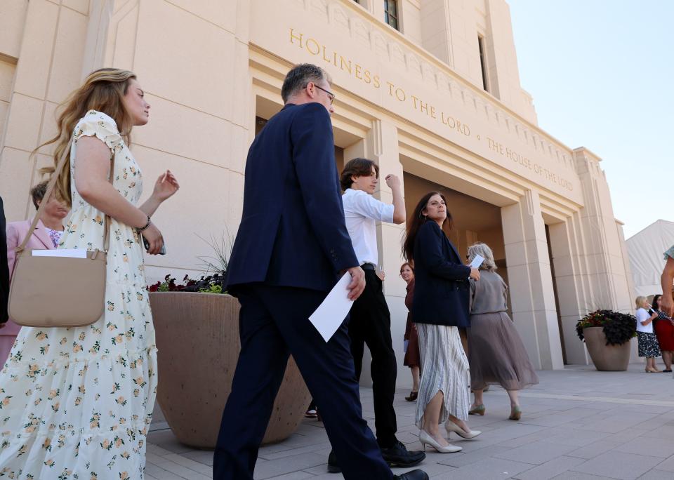 People make their way out of the temple after the first session of the dedication of the Saratoga Springs Utah Temple in Saratoga Springs, Utah, on Sunday, Aug. 13, 2023. | Scott G Winterton, Deseret News