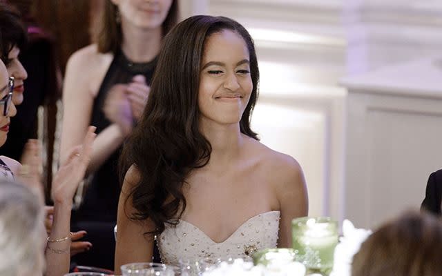 Malia Obama wearing a strapless gown at the state dinner. (Photo: Getty Images)