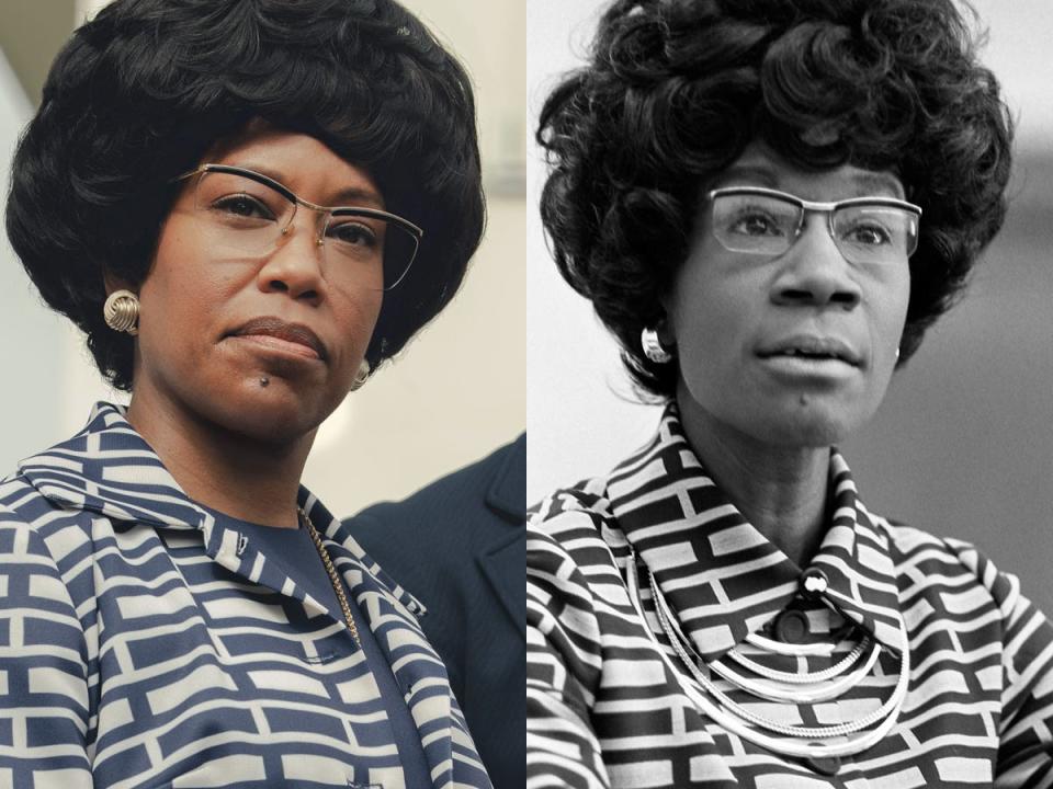 Regina King, left, as Shirley Chisholm in the Netflix film "Shirley." The real Chisholm, right, in Washington, DC on January 25, 1972.