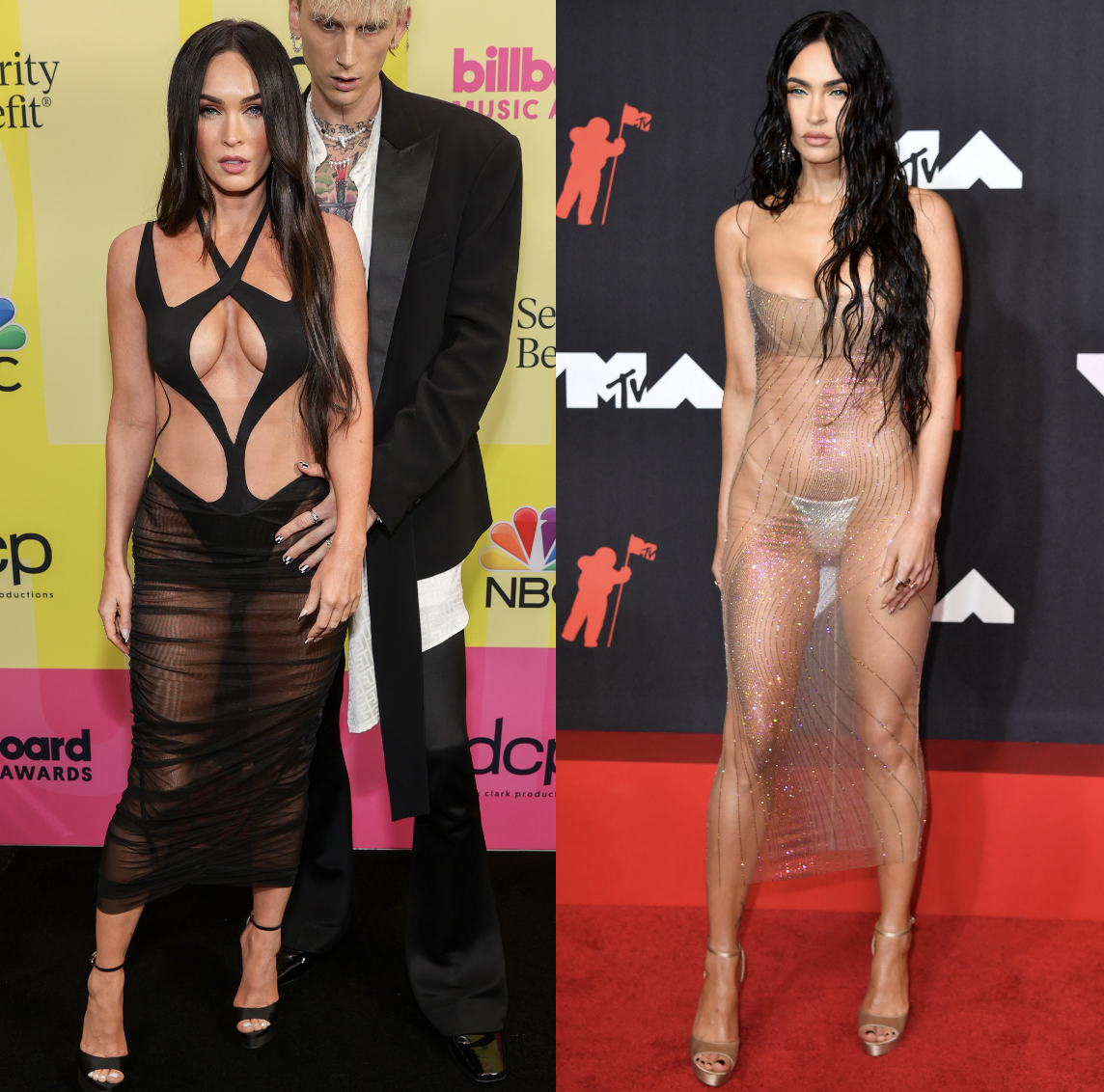 Maeve Reilly dressed Megan Fox in a naked dress for two red carpet appearances. (Photo: Getty Images)