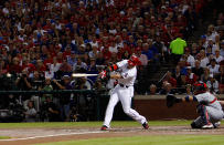 ARLINGTON, TX - OCTOBER 23: Josh Hamilton #32 of the Texas Rangers hits an RBI double in the first inning during Game Four of the MLB World Series against the St. Louis Cardinals at Rangers Ballpark in Arlington on October 23, 2011 in Arlington, Texas. (Photo by Ronald Martinez/Getty Images)