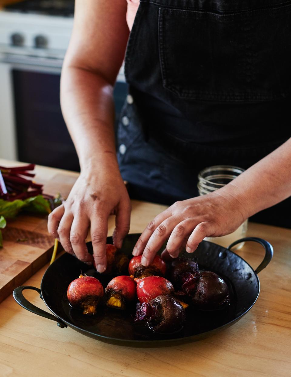 How Nosrat roasts beets: In a cast-iron skillet with a little water and covered in foil so they steam while they cook.