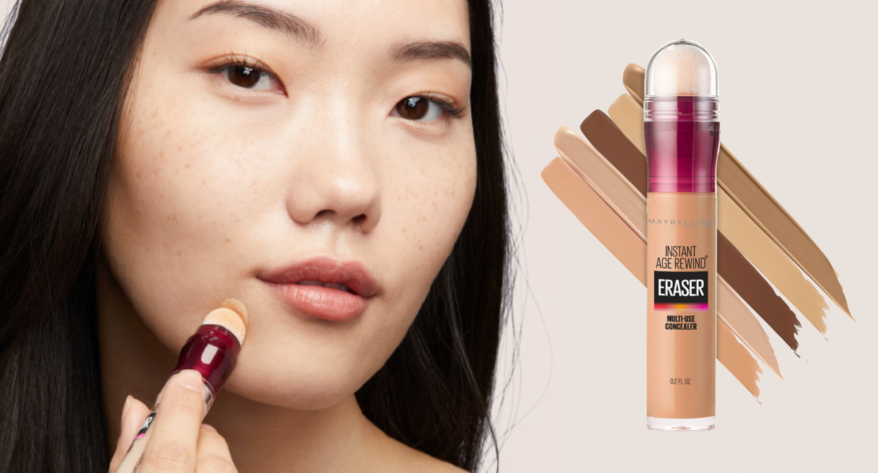 asian model with acne applying Maybelline Instant Age Rewind Eraser Dark Circles Treatment Concealer on face, concealer with skin tone shade options