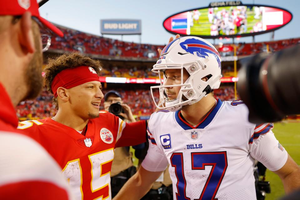 Patrick Mahomes #15 of the Kansas City Chiefs shakes hands with Josh Allen #17 of the Buffalo Bills after the game at Arrowhead Stadium on October 16, 2022 in Kansas City, Missouri.