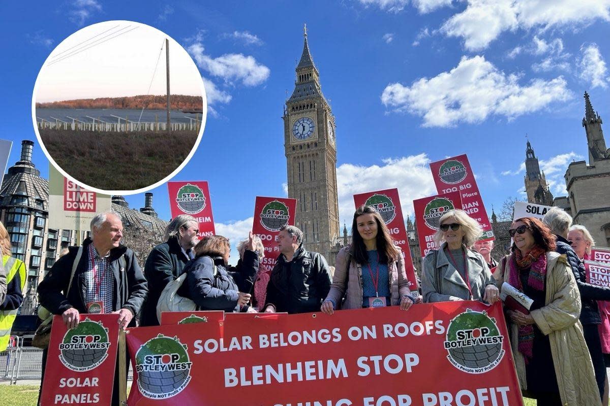 Stop Botley West protesters at Westminster rally and, inset, visualisation of Botley West Solar Farm <i>(Image: Canva)</i>