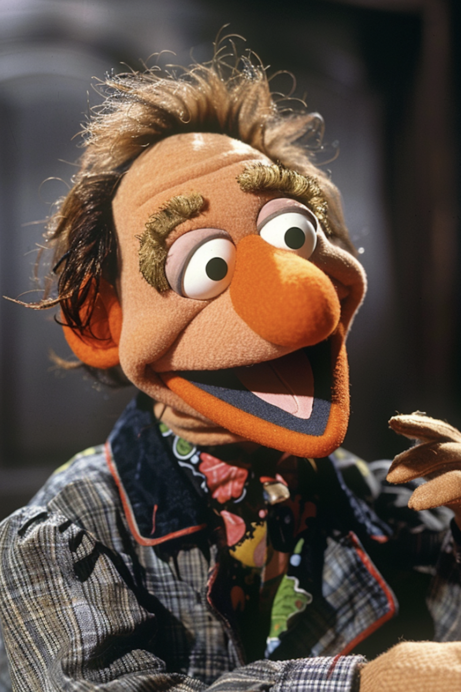 Muppet wearing a plaid jacket and a paisley tie