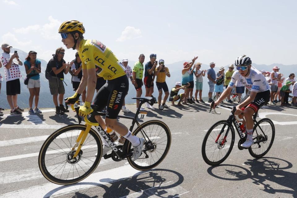 Tadej Pogacar chases Jonas Vingegaard on stage 18  (EPA)