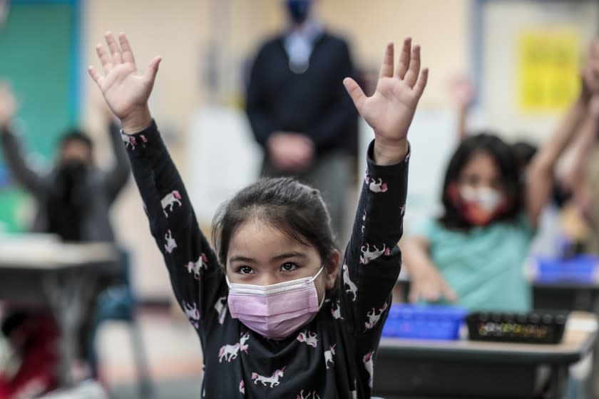 North Hollywood, CA, Tuesday, April 13, 2021 - Kindergartner Allyson Zavala at teacher Alicia Pizzi's classroom for the first time in more than a year at Maurice Sendak Elementary. (Robert Gauthier/Los Angeles Times)