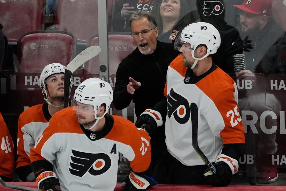 Philadelphia Flyers head coach John Tortorella gestures during the third period of an NHL hockey game against the Florida Panthers, Tuesday, Feb. 6, 2024, in Sunrise, Fla.